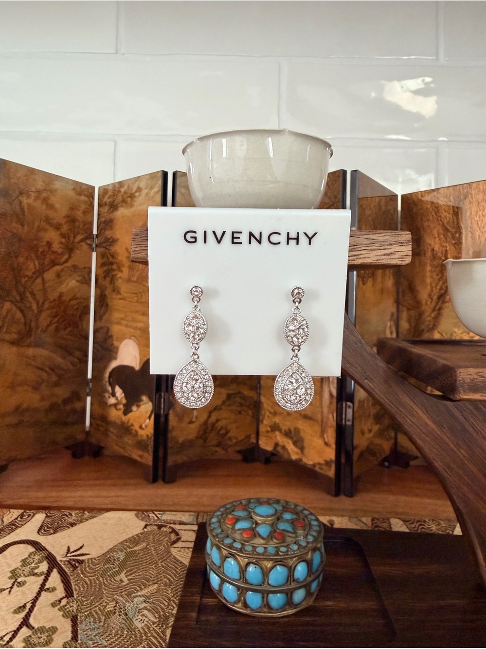 NWT/ Givenchy/ Silver Crystal Teardrop Dangle Earrings 4G Logo Statement Jewelry